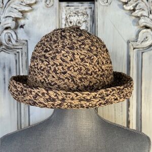 Woven Straw Hat with Rolled Brim Tan and Brown